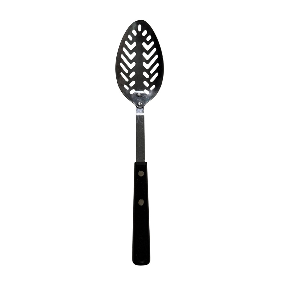 Ekco Forge Slotted Spoon Kitchen Tool 11.5in Silver Black Vintage Stainless USA